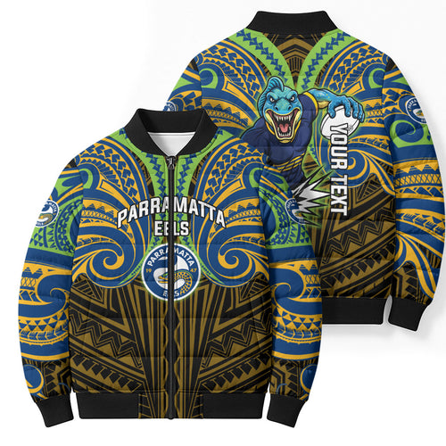 Custom Parramatta Eels Bomber Puffer Jacket Eel Warrior Polynesia Islander Rugby Mascot