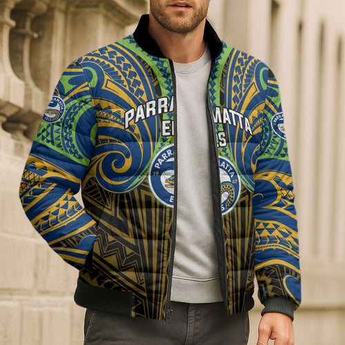 Custom Parramatta Eels Bomber Puffer Jacket Eel Warrior Polynesia Islander Rugby Mascot