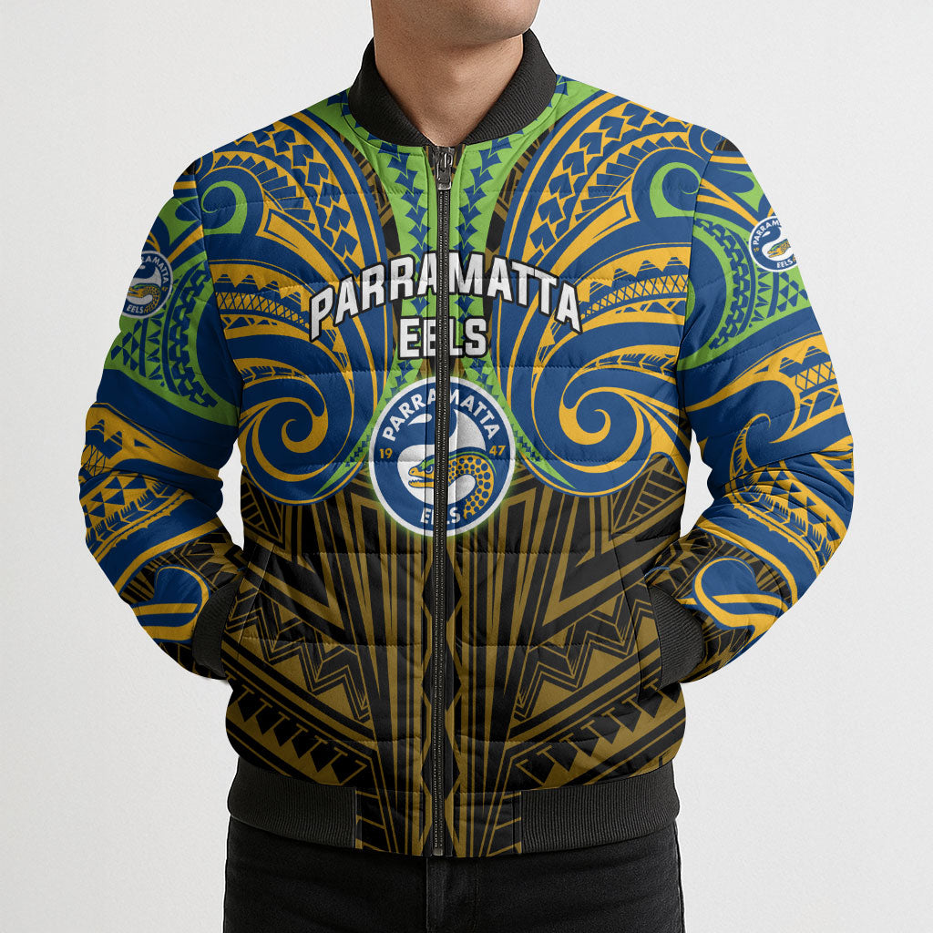 Custom Parramatta Eels Bomber Puffer Jacket Eel Warrior Polynesia Islander Rugby Mascot