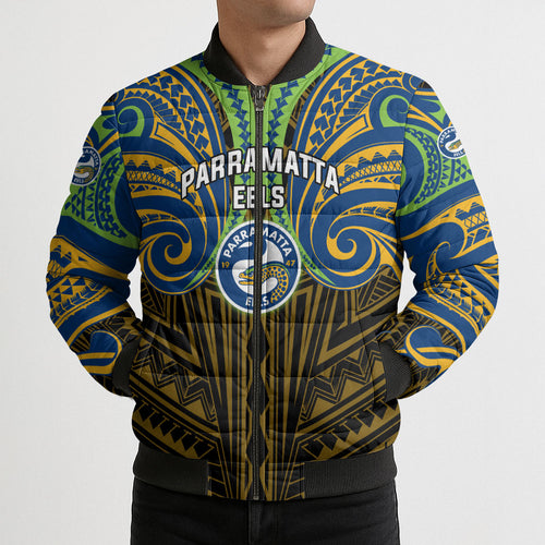 Custom Parramatta Eels Bomber Puffer Jacket Eel Warrior Polynesia Islander Rugby Mascot