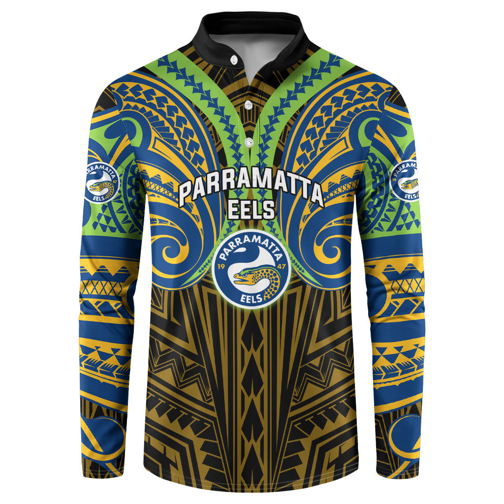 Custom Parramatta Eels Button Sweatshirt Eel Warrior Polynesia Islander Rugby Mascot