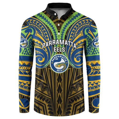 Custom Parramatta Eels Button Sweatshirt Eel Warrior Polynesia Islander Rugby Mascot