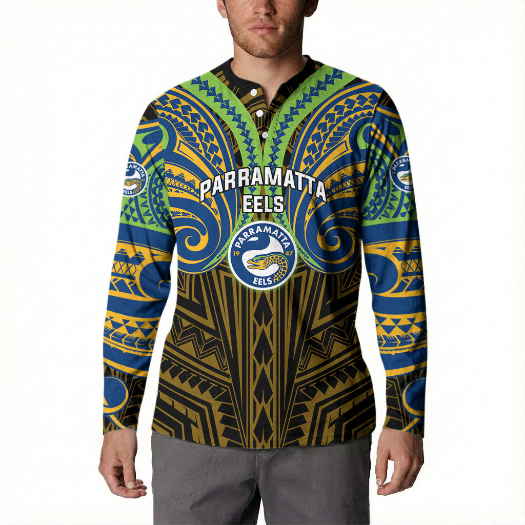 Custom Parramatta Eels Button Sweatshirt Eel Warrior Polynesia Islander Rugby Mascot