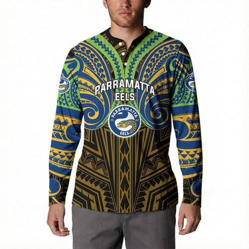 Custom Parramatta Eels Button Sweatshirt Eel Warrior Polynesia Islander Rugby Mascot