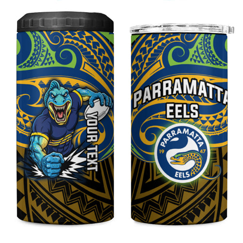 Custom Parramatta Eels 4 in 1 Can Cooler Tumbler Eel Warrior Polynesia Islander Rugby Mascot