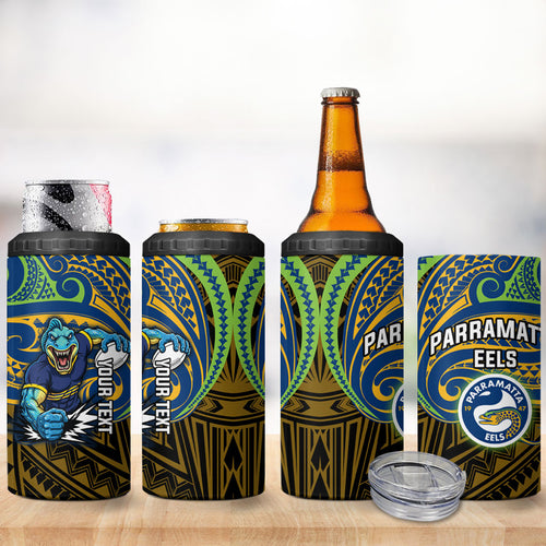 Custom Parramatta Eels 4 in 1 Can Cooler Tumbler Eel Warrior Polynesia Islander Rugby Mascot