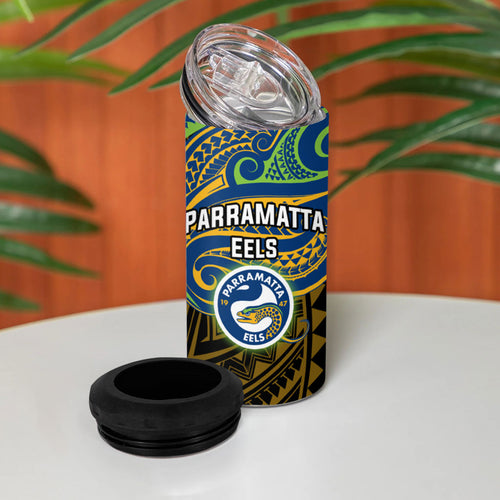 Custom Parramatta Eels 4 in 1 Can Cooler Tumbler Eel Warrior Polynesia Islander Rugby Mascot
