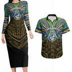 Custom Parramatta Eels Couples Matching Long Sleeve Bodycon Dress and Hawaiian Shirt Eel Warrior Polynesia Islander Rugby Mascot