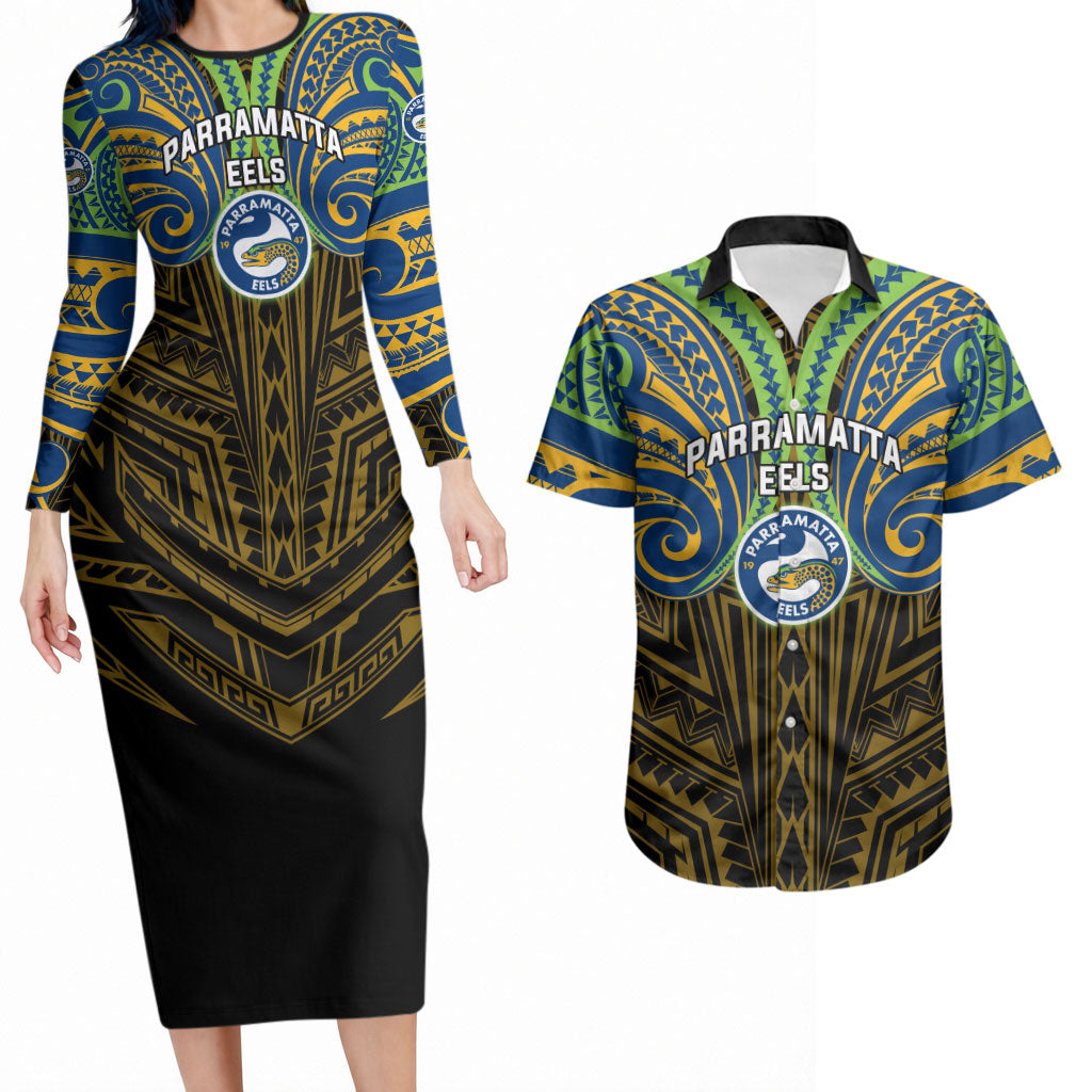 Custom Parramatta Eels Couples Matching Long Sleeve Bodycon Dress and Hawaiian Shirt Eel Warrior Polynesia Islander Rugby Mascot