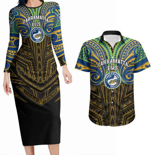 Custom Parramatta Eels Couples Matching Long Sleeve Bodycon Dress and Hawaiian Shirt Eel Warrior Polynesia Islander Rugby Mascot