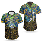 Custom Parramatta Eels Couples Matching Long Sleeve Bodycon Dress and Hawaiian Shirt Eel Warrior Polynesia Islander Rugby Mascot