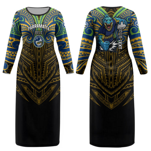 Custom Parramatta Eels Couples Matching Long Sleeve Bodycon Dress and Hawaiian Shirt Eel Warrior Polynesia Islander Rugby Mascot