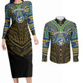Custom Parramatta Eels Couples Matching Long Sleeve Bodycon Dress and Long Sleeve Button Shirt Eel Warrior Polynesia Islander Rugby Mascot