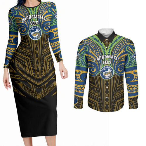 Custom Parramatta Eels Couples Matching Long Sleeve Bodycon Dress and Long Sleeve Button Shirt Eel Warrior Polynesia Islander Rugby Mascot