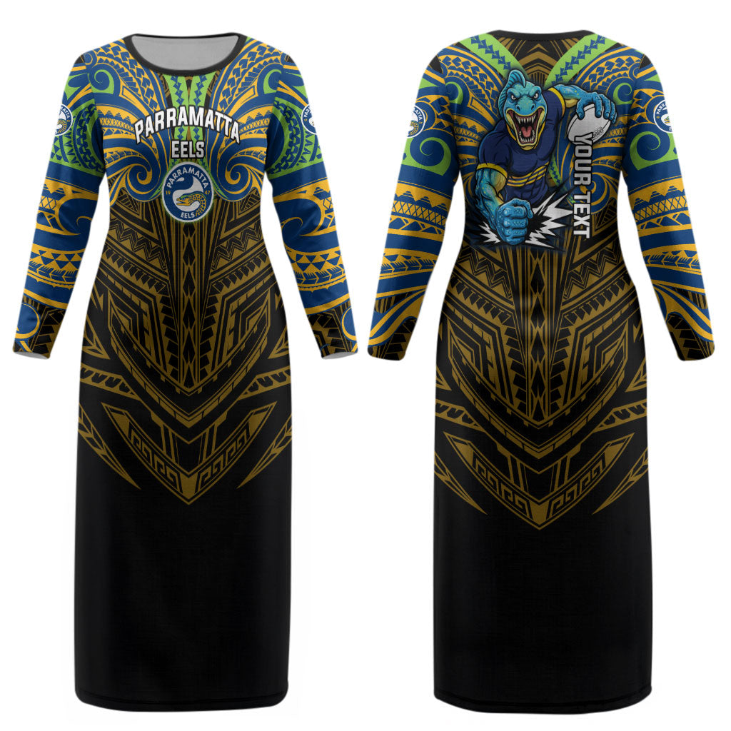 Custom Parramatta Eels Couples Matching Long Sleeve Bodycon Dress and Long Sleeve Button Shirt Eel Warrior Polynesia Islander Rugby Mascot