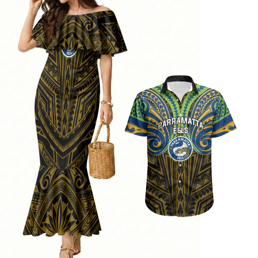 Custom Parramatta Eels Couples Matching Mermaid Dress and Hawaiian Shirt Eel Warrior Polynesia Islander Rugby Mascot