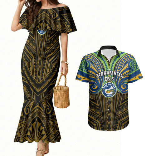Custom Parramatta Eels Couples Matching Mermaid Dress and Hawaiian Shirt Eel Warrior Polynesia Islander Rugby Mascot