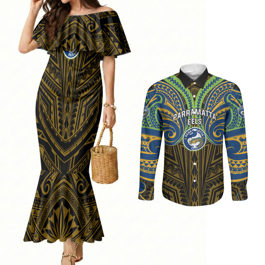 Custom Parramatta Eels Couples Matching Mermaid Dress and Long Sleeve Button Shirt Eel Warrior Polynesia Islander Rugby Mascot
