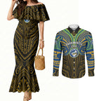 Custom Parramatta Eels Couples Matching Mermaid Dress and Long Sleeve Button Shirt Eel Warrior Polynesia Islander Rugby Mascot
