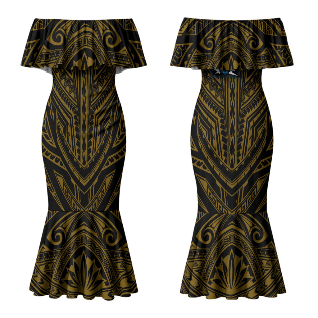Custom Parramatta Eels Couples Matching Mermaid Dress and Long Sleeve Button Shirt Eel Warrior Polynesia Islander Rugby Mascot