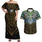 Custom Parramatta Eels Couples Matching Off Shoulder Maxi Dress and Hawaiian Shirt Eel Warrior Polynesia Islander Rugby Mascot