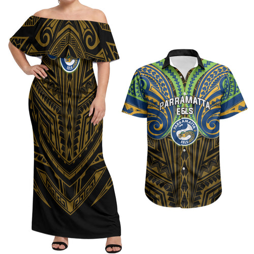 Custom Parramatta Eels Couples Matching Off Shoulder Maxi Dress and Hawaiian Shirt Eel Warrior Polynesia Islander Rugby Mascot