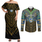 Custom Parramatta Eels Couples Matching Off Shoulder Maxi Dress and Long Sleeve Button Shirt Eel Warrior Polynesia Islander Rugby Mascot