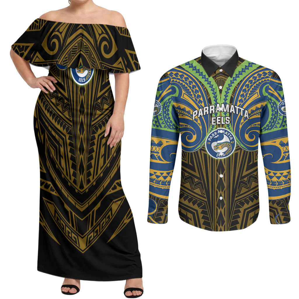 Custom Parramatta Eels Couples Matching Off Shoulder Maxi Dress and Long Sleeve Button Shirt Eel Warrior Polynesia Islander Rugby Mascot