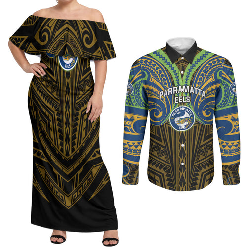 Custom Parramatta Eels Couples Matching Off Shoulder Maxi Dress and Long Sleeve Button Shirt Eel Warrior Polynesia Islander Rugby Mascot