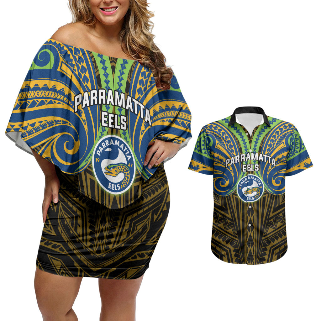 Custom Parramatta Eels Couples Matching Off Shoulder Short Dress and Hawaiian Shirt Eel Warrior Polynesia Islander Rugby Mascot