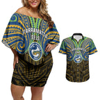 Custom Parramatta Eels Couples Matching Off Shoulder Short Dress and Hawaiian Shirt Eel Warrior Polynesia Islander Rugby Mascot