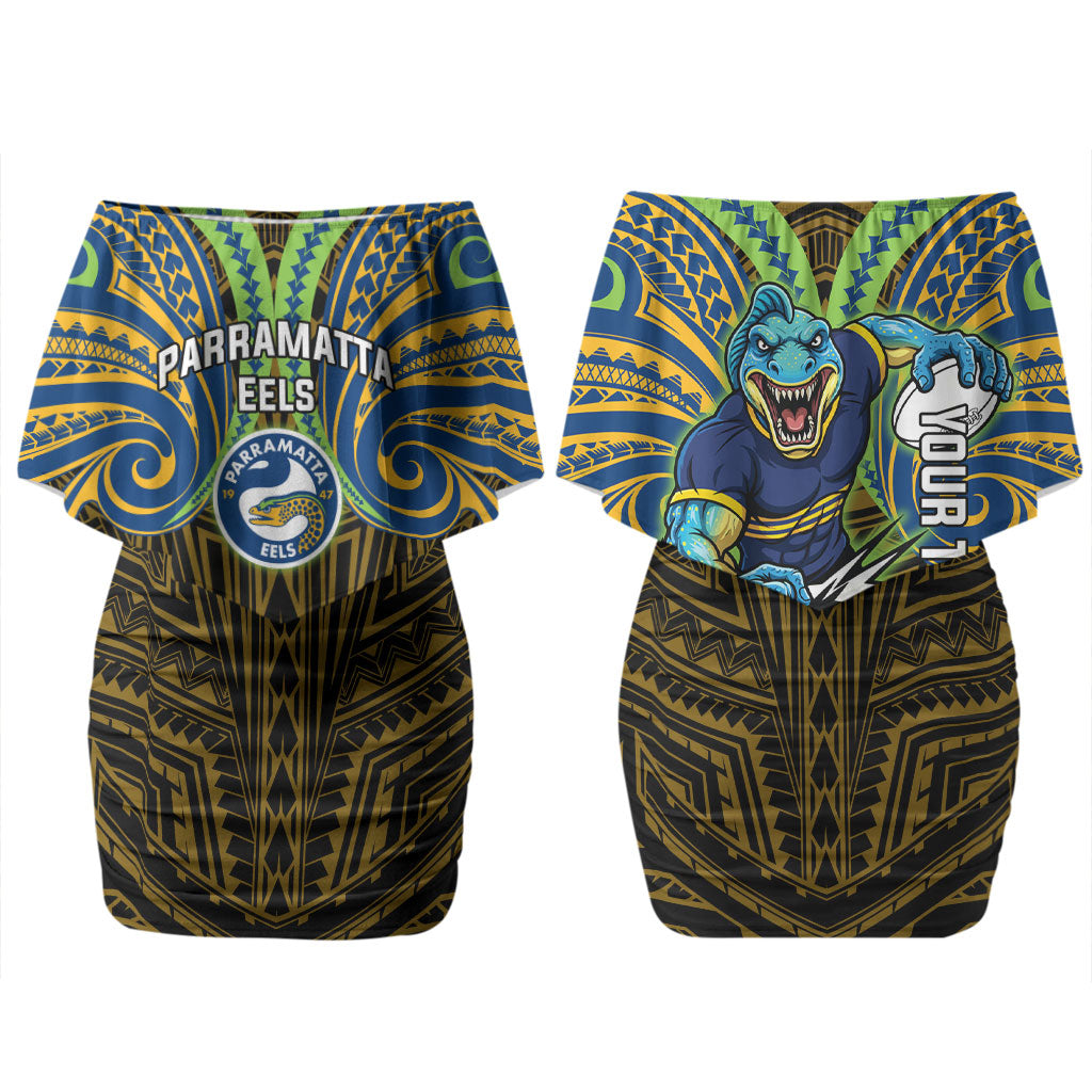 Custom Parramatta Eels Couples Matching Off Shoulder Short Dress and Hawaiian Shirt Eel Warrior Polynesia Islander Rugby Mascot