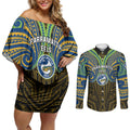Custom Parramatta Eels Couples Matching Off Shoulder Short Dress and Long Sleeve Button Shirt Eel Warrior Polynesia Islander Rugby Mascot