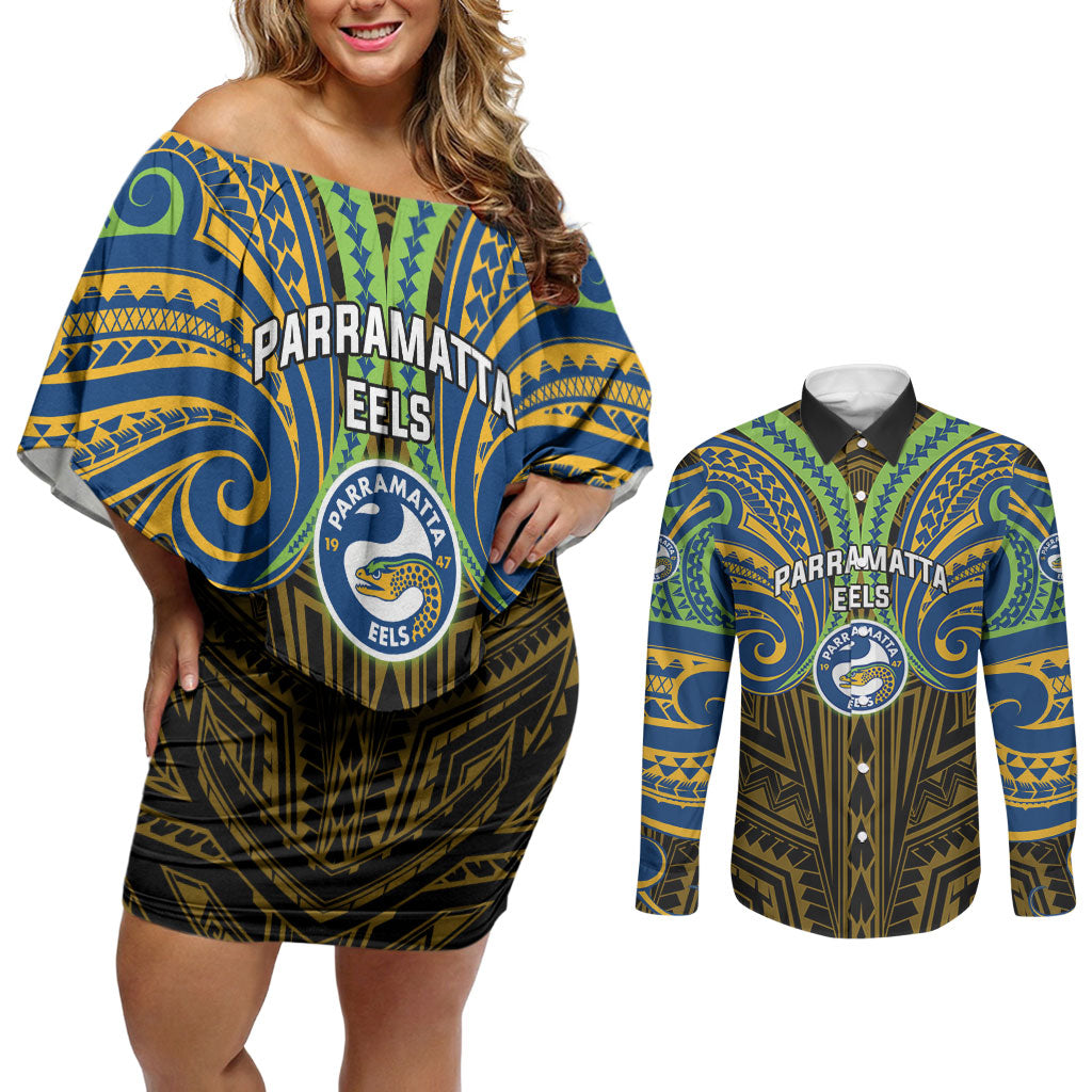 Custom Parramatta Eels Couples Matching Off Shoulder Short Dress and Long Sleeve Button Shirt Eel Warrior Polynesia Islander Rugby Mascot