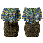 Custom Parramatta Eels Couples Matching Off Shoulder Short Dress and Long Sleeve Button Shirt Eel Warrior Polynesia Islander Rugby Mascot