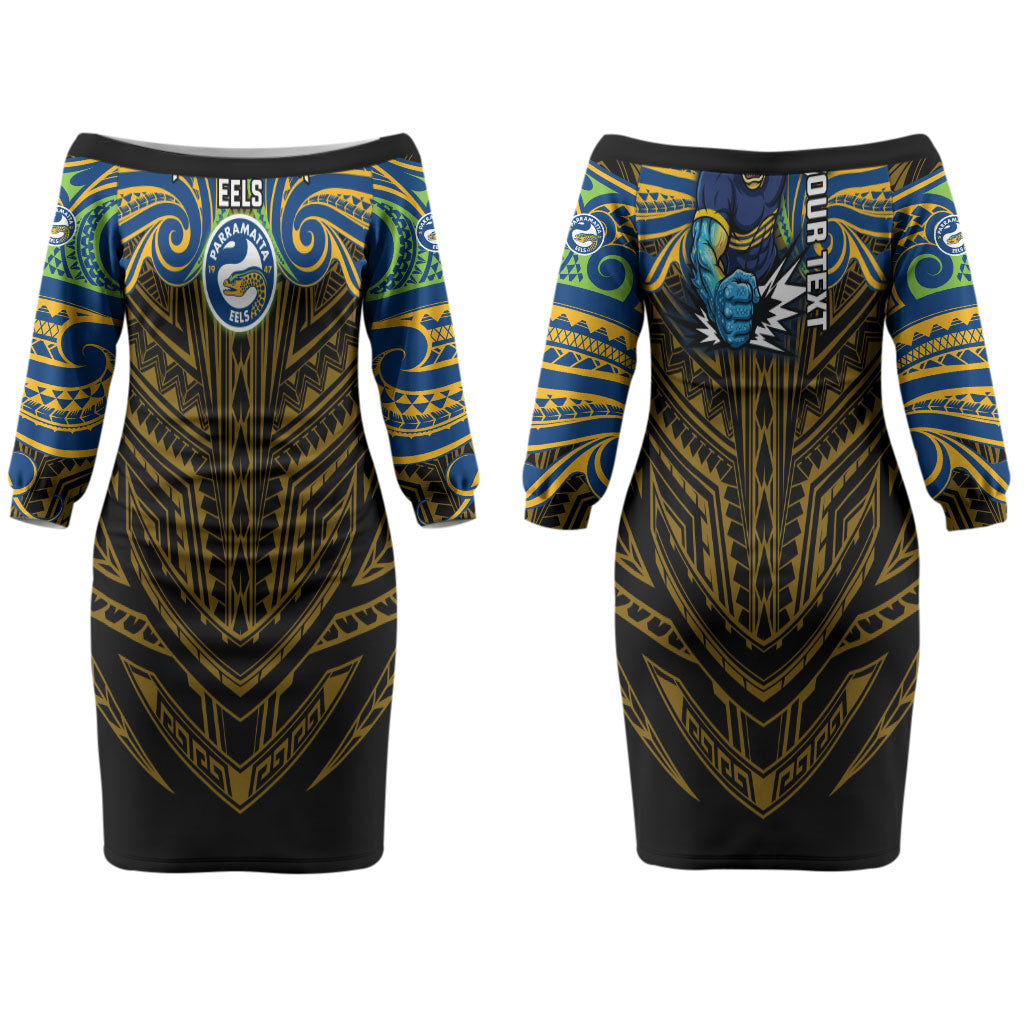 Custom Parramatta Eels Couples Matching Off The Shoulder Long Sleeve Dress and Hawaiian Shirt Eel Warrior Polynesia Islander Rugby Mascot