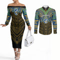 Custom Parramatta Eels Couples Matching Off The Shoulder Long Sleeve Dress and Long Sleeve Button Shirt Eel Warrior Polynesia Islander Rugby Mascot