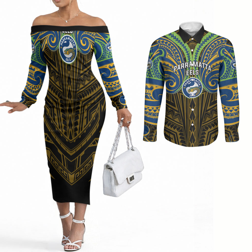 Custom Parramatta Eels Couples Matching Off The Shoulder Long Sleeve Dress and Long Sleeve Button Shirt Eel Warrior Polynesia Islander Rugby Mascot