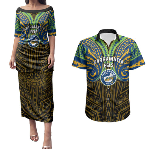 Custom Parramatta Eels Couples Matching Puletasi and Hawaiian Shirt Eel Warrior Polynesia Islander Rugby Mascot