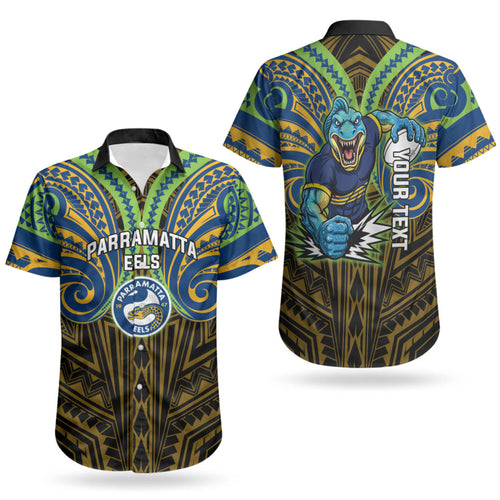 Custom Parramatta Eels Couples Matching Puletasi and Hawaiian Shirt Eel Warrior Polynesia Islander Rugby Mascot