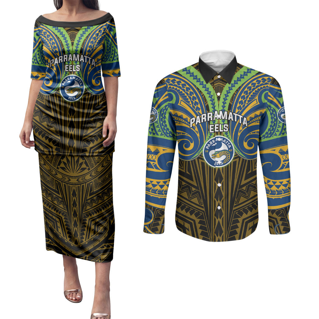 Custom Parramatta Eels Couples Matching Puletasi and Long Sleeve Button Shirt Eel Warrior Polynesia Islander Rugby Mascot