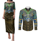 Custom Parramatta Eels Couples Matching Puletasi and Long Sleeve Button Shirt Eel Warrior Polynesia Islander Rugby Mascot