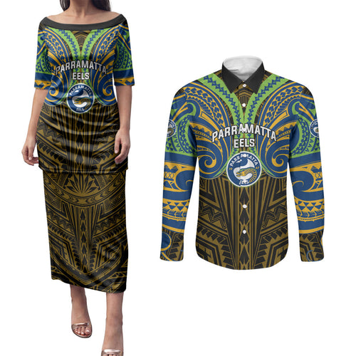 Custom Parramatta Eels Couples Matching Puletasi and Long Sleeve Button Shirt Eel Warrior Polynesia Islander Rugby Mascot