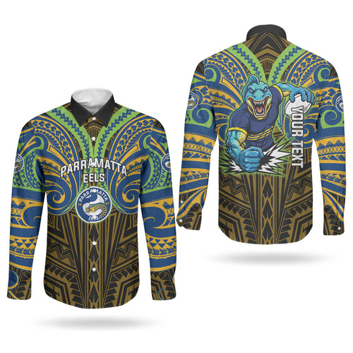 Custom Parramatta Eels Couples Matching Puletasi and Long Sleeve Button Shirt Eel Warrior Polynesia Islander Rugby Mascot