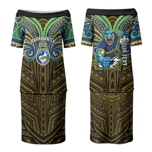 Custom Parramatta Eels Couples Matching Puletasi and Long Sleeve Button Shirt Eel Warrior Polynesia Islander Rugby Mascot