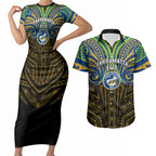 Custom Parramatta Eels Couples Matching Short Sleeve Bodycon Dress and Hawaiian Shirt Eel Warrior Polynesia Islander Rugby Mascot