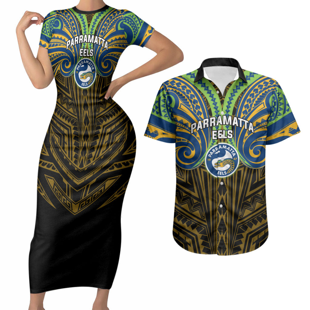Custom Parramatta Eels Couples Matching Short Sleeve Bodycon Dress and Hawaiian Shirt Eel Warrior Polynesia Islander Rugby Mascot