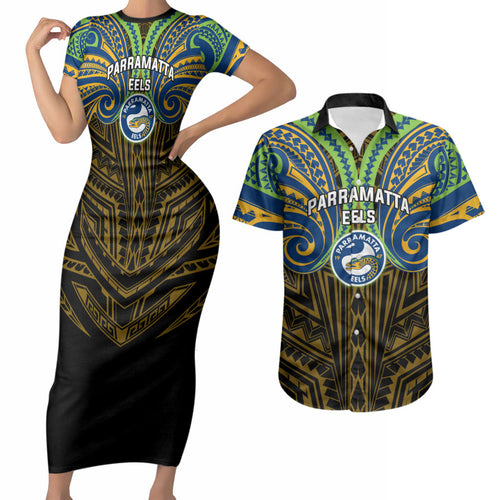 Custom Parramatta Eels Couples Matching Short Sleeve Bodycon Dress and Hawaiian Shirt Eel Warrior Polynesia Islander Rugby Mascot