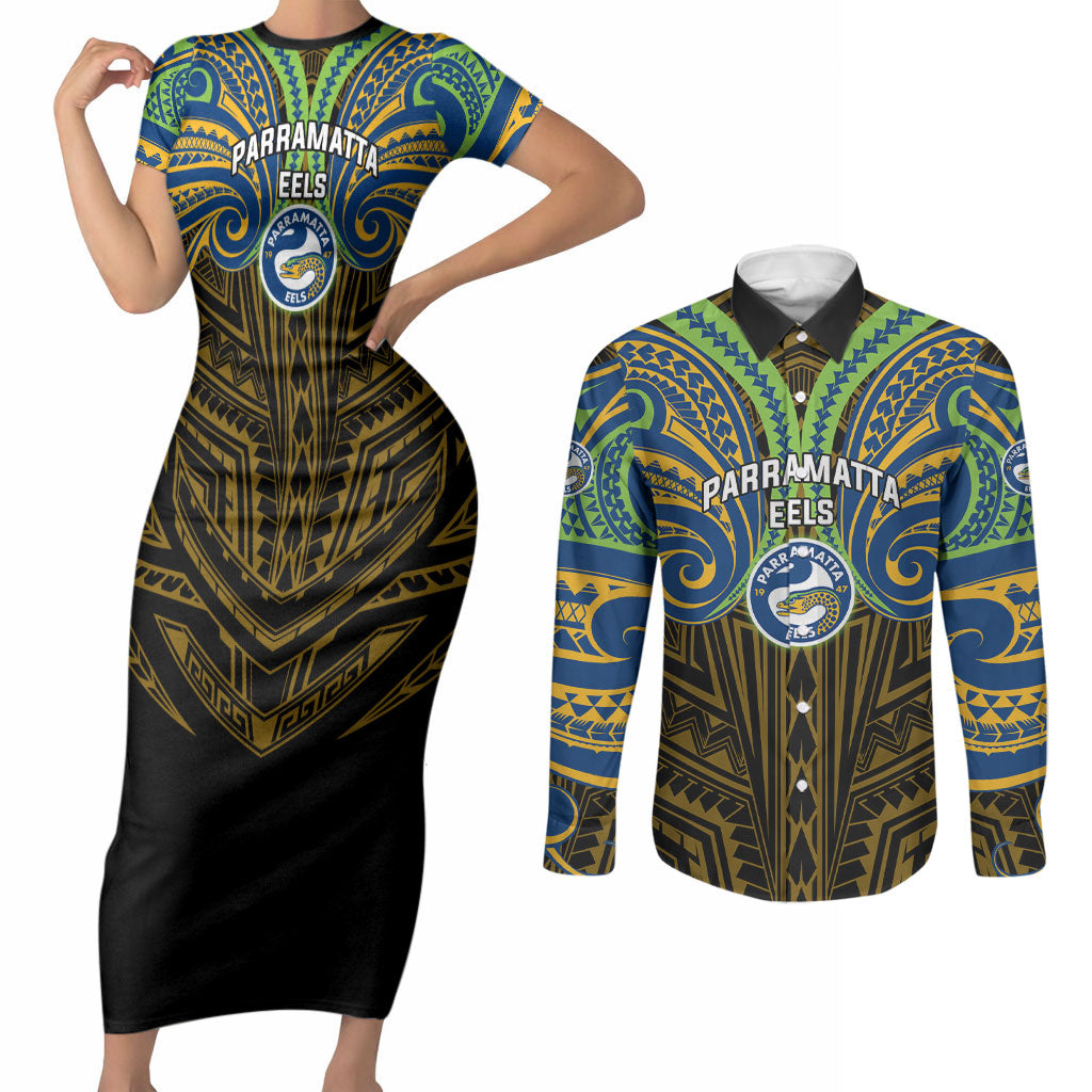 Custom Parramatta Eels Couples Matching Short Sleeve Bodycon Dress and Long Sleeve Button Shirt Eel Warrior Polynesia Islander Rugby Mascot
