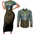 Custom Parramatta Eels Couples Matching Short Sleeve Bodycon Dress and Long Sleeve Button Shirt Eel Warrior Polynesia Islander Rugby Mascot